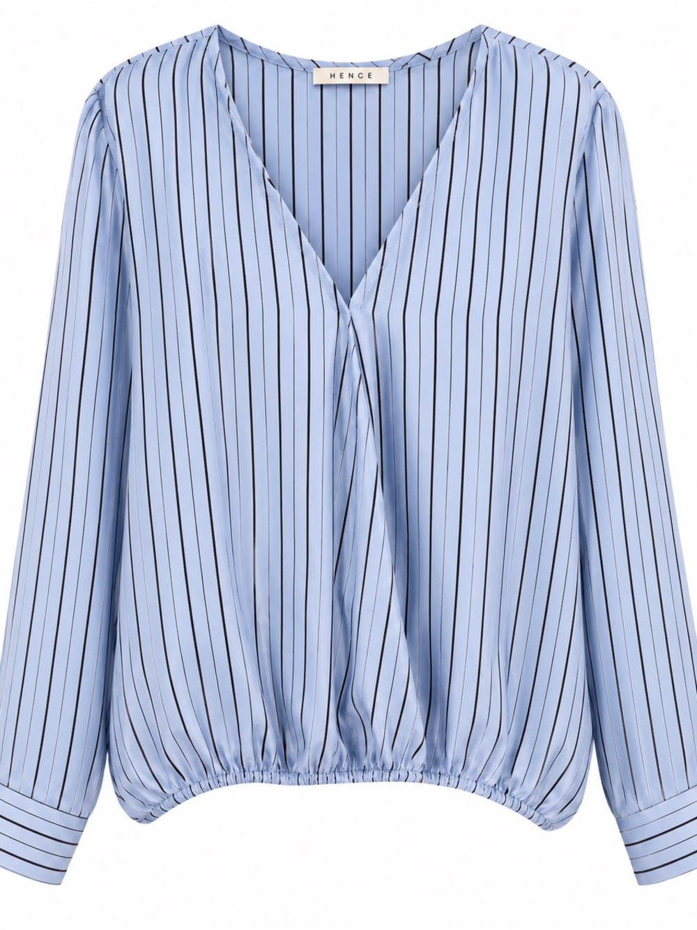Hence Blue Pinstripe Satin Blouse | Draped V-Neck | Long Sleeve | (Fits M–L)
